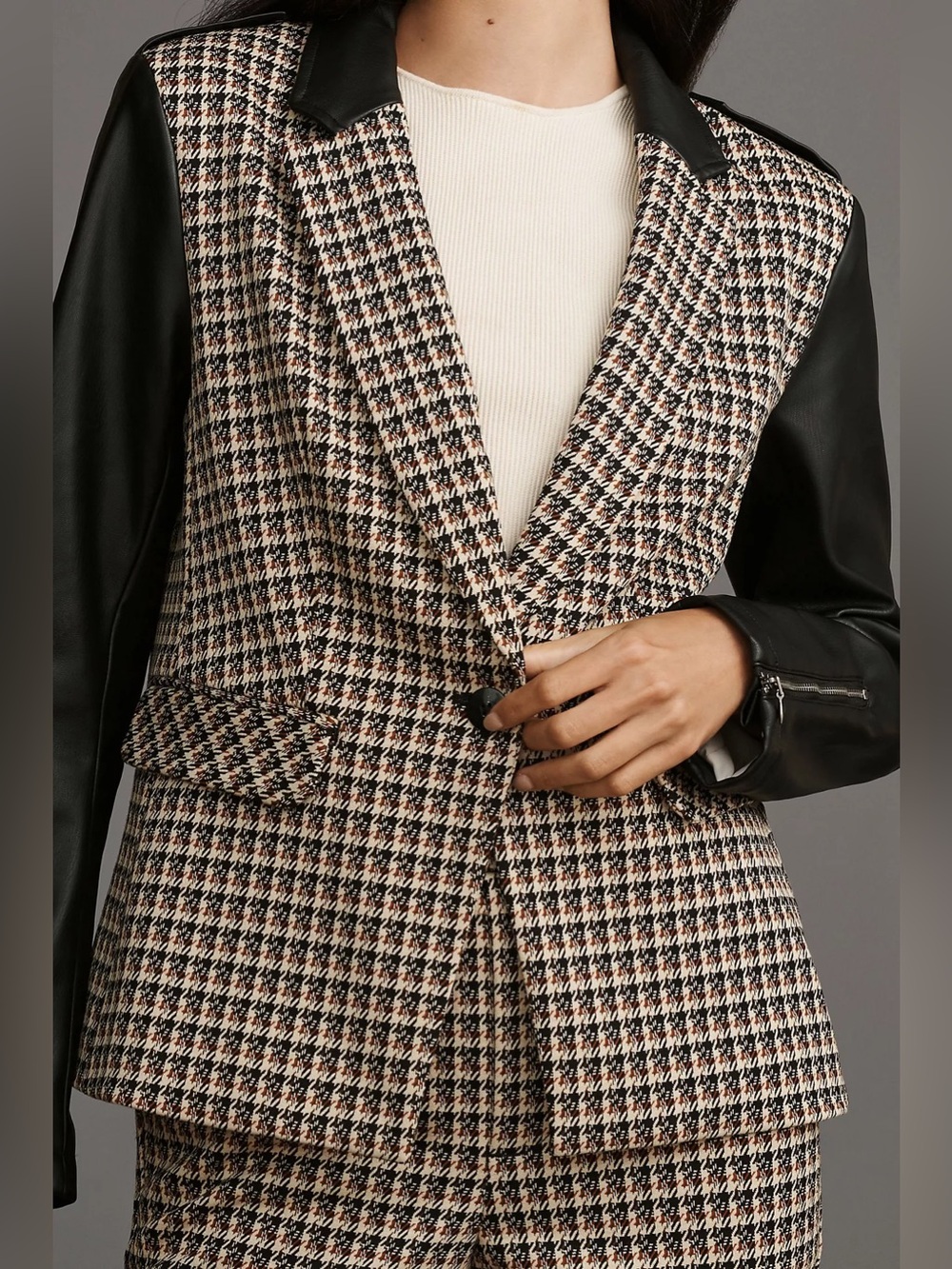 Anthropologie Fabric Mix Blazer Faux-Leather Houndstooth Cream Black Size XL
